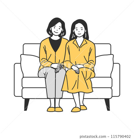 Senior and young woman family sitting on sofa 115790402