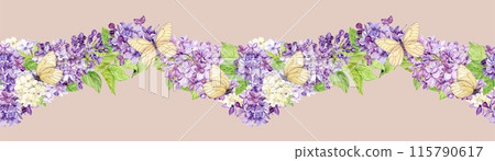 Horizontal seamless border with purple, white and violet lilac. Watercolor spring flowers in botanical style and butterflies. Hand drawn illustration on peach background. Scheme for printing on fabric 115790617