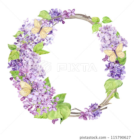 Lilac wreath. Watercolor frame of spring flowers with white butterflies. Wedding invitation template with place for text. Boho style decor on. Illustration for Manners Day, Valentine's Day. 115790627