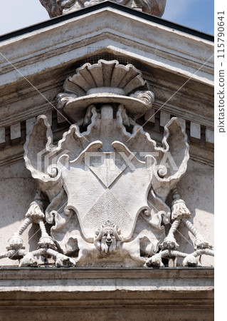 Coat of Arms on facade of the Mantua Cathedral dedicated to Saint Peter, Mantua, Italy 115790641