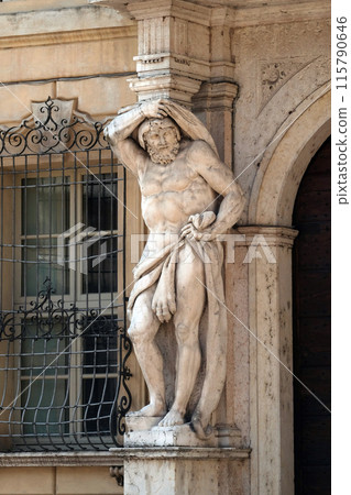 Statue of Hercules at the entrance to the 18th century Palazzo Vescovile (Bishops Palace) in the historical center of Mantua, Italy Statue of Hercules at the entrance to the 18th century Palazzo Vescovile (Bishops Palace) in the historical center of Mantua, Italy 115790646