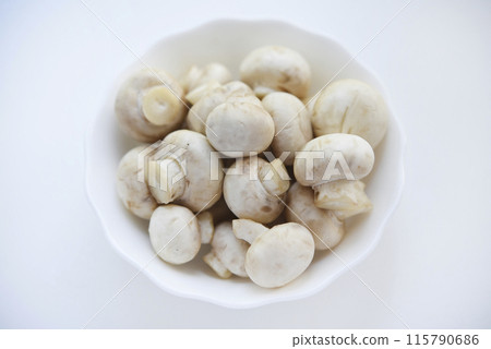 Porcini mushrooms in a cup. Champignons on a white background. Porcini mushrooms in a cup. Champignons on a white background. 115790686