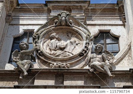 Saint Matthew the Evangelist, statue on facade of the Mantua Cathedral dedicated to Saint Peter, Mantua, Italy 115790734