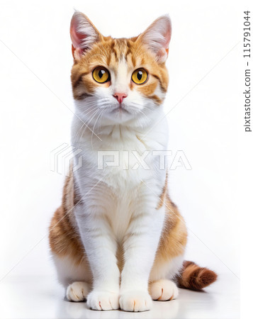 A brown and white cat with yellow eyes on a white surface 115791044