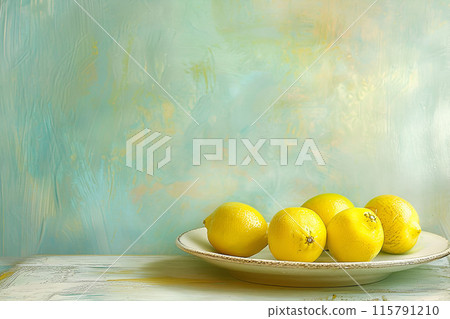Generative ai illustration. Fresh lemon on round plate on colored background 115791210