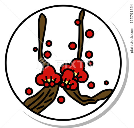 貼紙風格圓形簡約花札如月梅二月梅渣 115791864