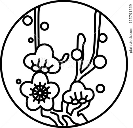 線描圓形簡單花札如月梅二月梅渣 線描圓形簡單花札如月梅二月梅渣 115791869