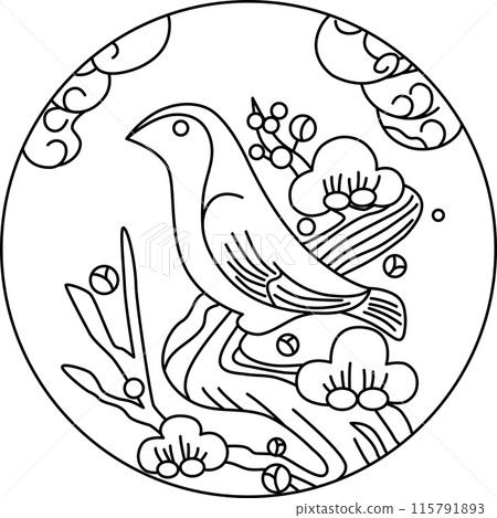 Line drawing circular hanafuda - Nightingale, Kisaragi, Plum, February, Plum and Nightingale 115791893