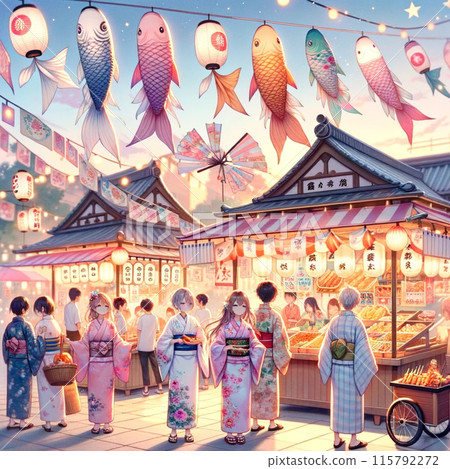 夏季節慶攤位上穿著浴衣的人們 夏季節慶攤位上穿著浴衣的人們 115792272