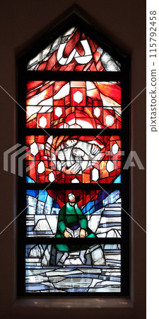 God cares for His own and strengthens them in their life path, stained glass window by Sieger Koder in St. John church in Piflas, Germany 115792458