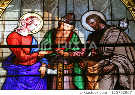 Engagement of the Virgin Mary, stained glass window in the Church of Saint Joseph in Nazareth Engagement of the Virgin Mary, stained glass window in the Church of Saint Joseph in Nazareth 115792907