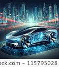 Image of a black self-driving electric sports car driving on a highway 115793028
