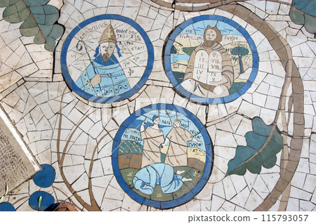 Floor mosaic in front of the Church of the Beatitudes, the traditional place where Jesus gave the Sermon on the Mount, Galilee, Israel 115793057