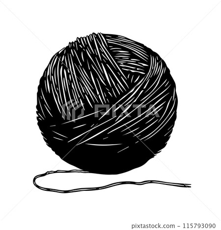 a ball of wool for knitting. black and white drawing in sketch style, vintage graphics a ball of wool for knitting. black and white drawing in sketch style, vintage graphics 115793090
