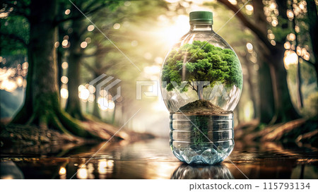 A tree is encased in a bottle of water, capturing a natural landscape 115793134