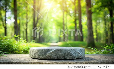 A stone podium in a forest with sunlight filtering through the trees 115793138