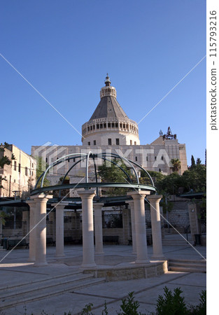 The Basilica of the Annunciation in Nazareth, Israel, stands on the site where the archangel Gabriel announced to Mary the forthcoming birth of Jesus 115793216