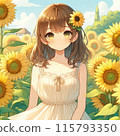 Girl standing in a sunflower field 115793350
