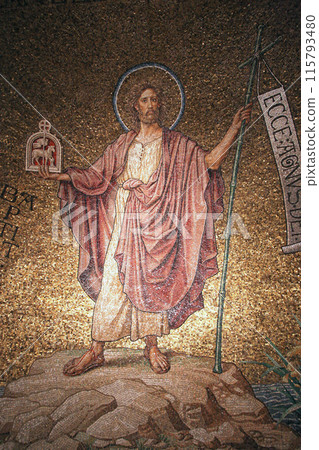 John the Baptist standing on the banks of the Jordan river, mosaic in the Church of the Benedictine Abbey of the Dormition, mount Zion in Jerusalem, Israel 115793480