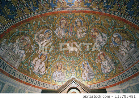 Mosaic of Agnus Dei the Lamb of God among the saints inside the Church of the Dormition abbey in mount Zion, Jerusalem, Israel Mosaic of Agnus Dei the Lamb of God among the saints inside the Church of the Dormition abbey in mount Zion, Jerusalem, Israel 115793481