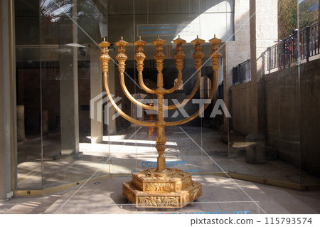 Replica of the Menorah at the excavations at the cardo, old Roman street  in Jerusalem, Israel 115793574