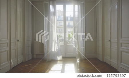 Sunlit Parisian Apartment Interior with Sheer Curtains and Classic Design Elements 115793897