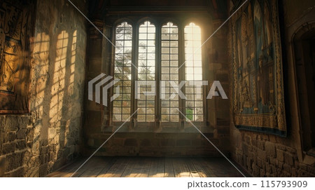 Historic Castle Hall with Stained Glass Windows Illuminated by Sunlight 115793909
