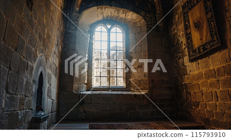 Ancient Stone Chamber with Arched Window and Sunlit View 115793910