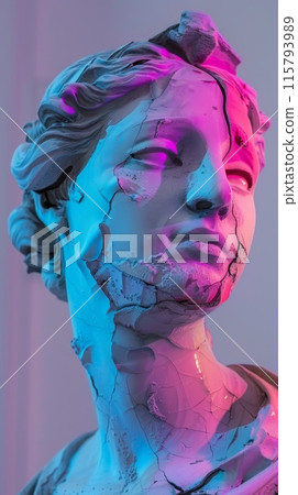 Digital Art of Cracked Classical Statue with Neon Pink and Blue Lighting 115793989