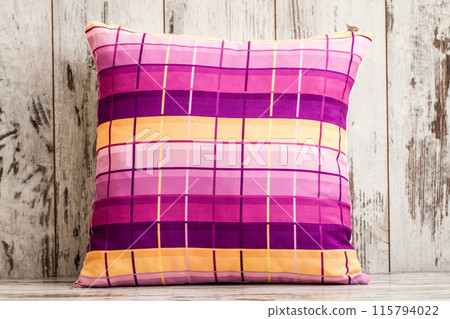 Vibrant Checkered Pattern Decorative Pillow, Showcasing a Rich Palette of Pink, Purple, and Yellow Stripes 115794022