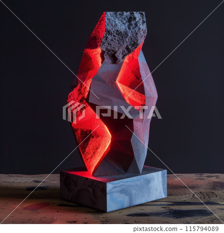 Abstract Geometric Lava Rock Sculpture with Glowing Red Light on Black Background 115794089