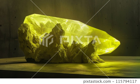 Glowing Yellow Crystal on Rugged Rock Surface in Modern Minimalist Setting 115794117