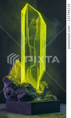 Glowing Neon Green Crystal on Rock Base with Illuminated Edges in Dark Background 115794119
