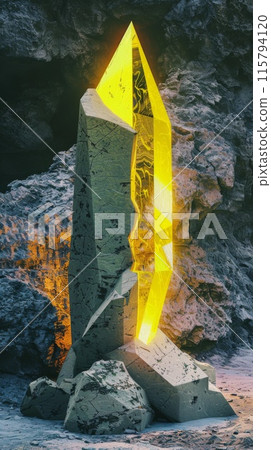 Glowing Yellow Crystal Monolith in Rocky Cave 115794120