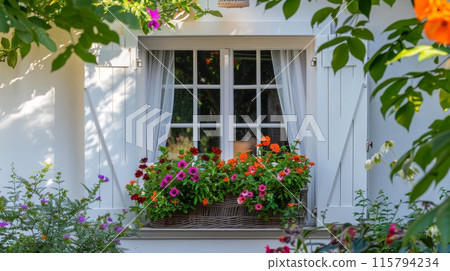 Charming White Window with Vibrant Flower Box and Blooming Garden Charming White Window with Vibrant Flower Box and Blooming Garden 115794234