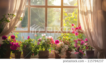 Sunlit Home Garden Window with Colorful Flower Pots in Morning Light 115794237