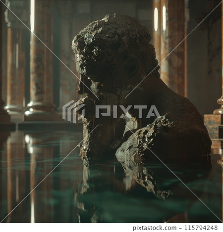 Ancient Statue in Dimly Lit Ruins Surrounded by Water 115794248
