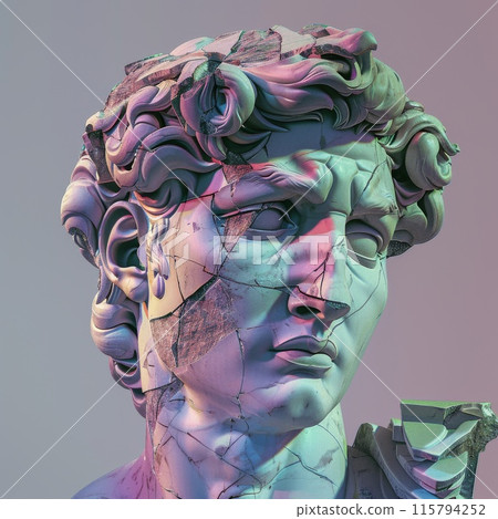 Glitch Art Sculpture of David with Colorful Neon Lighting and Cracks 115794252
