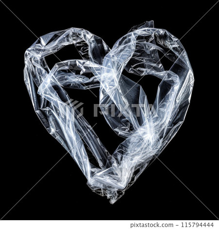Plastic Heart Shaped Bag on Black Background Highlighting Environmental Impact and Recycling 115794444