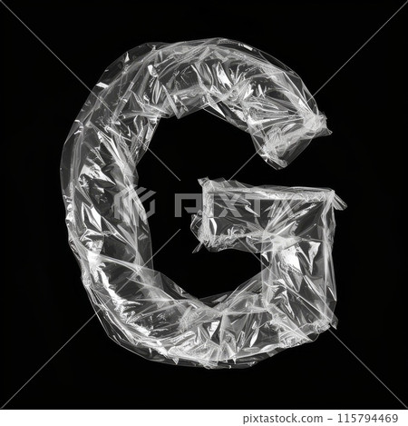 Creative Letter G Made from Clear Plastic Wrap on Black Background in Unique Typography Design 115794469