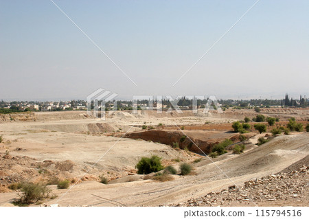 View of the ancient city of Jericho from the west, Jordan Valley, West Bank, Palestine, Israel 115794516