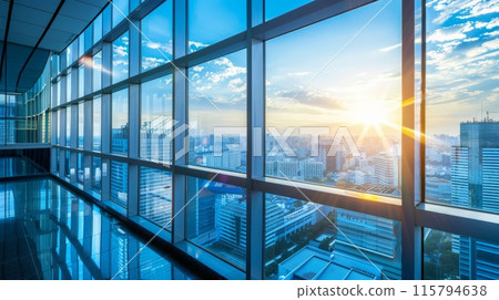 Modern Office Building with Panoramic City View and Sunrise through Glass Windows 115794638