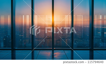 Sunrise View Through City Skyscraper Windows in Modern Urban Landscape at Sunrise 115794640