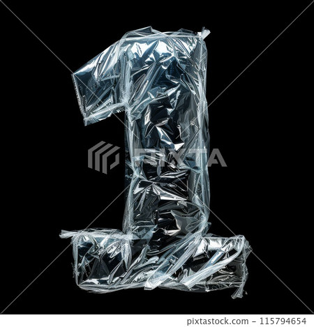 Metallic Number One Wrapped in Shiny Crinkled Plastic Against Black Background 115794654