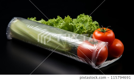 Fresh Vegetables Wrapped in Plastic. Green Lettuce, Red Tomatoes, and Celery on Black Background 115794691