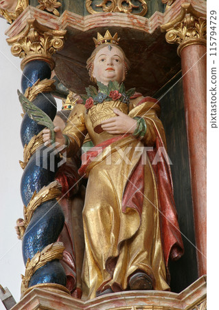 Saint Rosalia, statue on the altar of Saints Cyril and Methodius in Church of Birth of Virgin Mary in Svetice, Croatia Saint Rosalia, statue on the altar of Saints Cyril and Methodius in Church of Birth of Virgin Mary in Svetice, Croatia 115794729