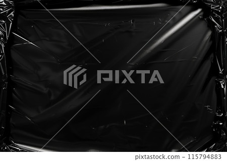 Shiny Black Plastic Sheet Wrinkled Texture Background for Modern Design and Packaging Concepts 115794883