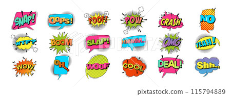 Comic sound speech effect bubbles set in trendy retro style 115794889