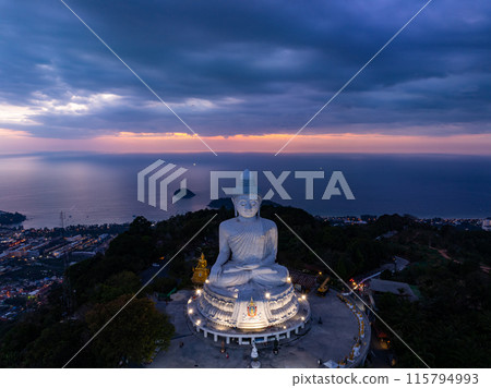 Phuket Thailand big buddha on high mountain in Phuket Thailand,Amazing light of sunset nature Landscape nature background 115794993