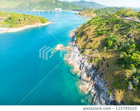 Amazing seascape view seashore and waves crashing on rocks, Aerial view tropical sea surface in Phuket island Thailand,Travel and business tour website background concept 115795020